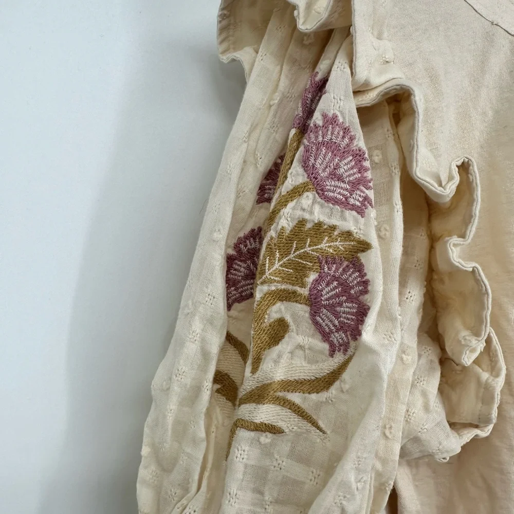 By Anthropologie Embroidered Elbow Puff-Sleeve Top size XL Cream Floral NWT
